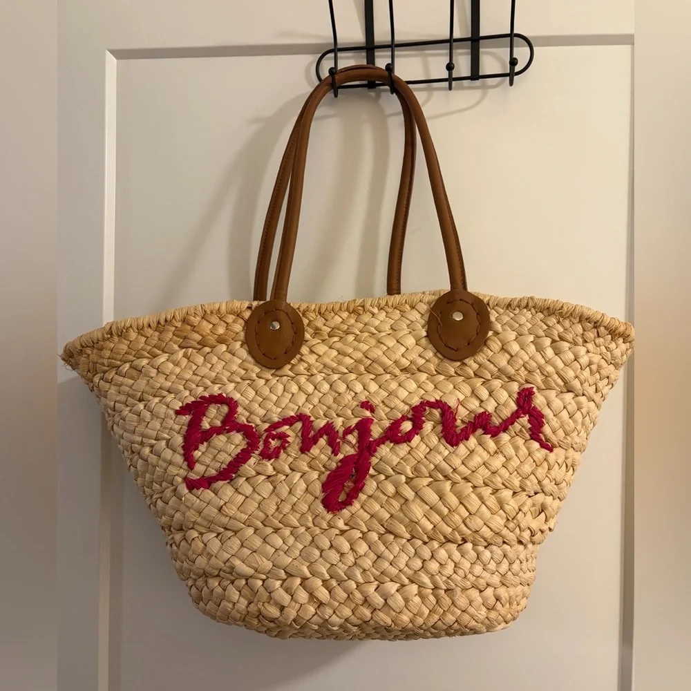 Womens Bonjour Handwoven Straw Tote Handbag Summer Beach Bag with Handles - Picture 1 of 5